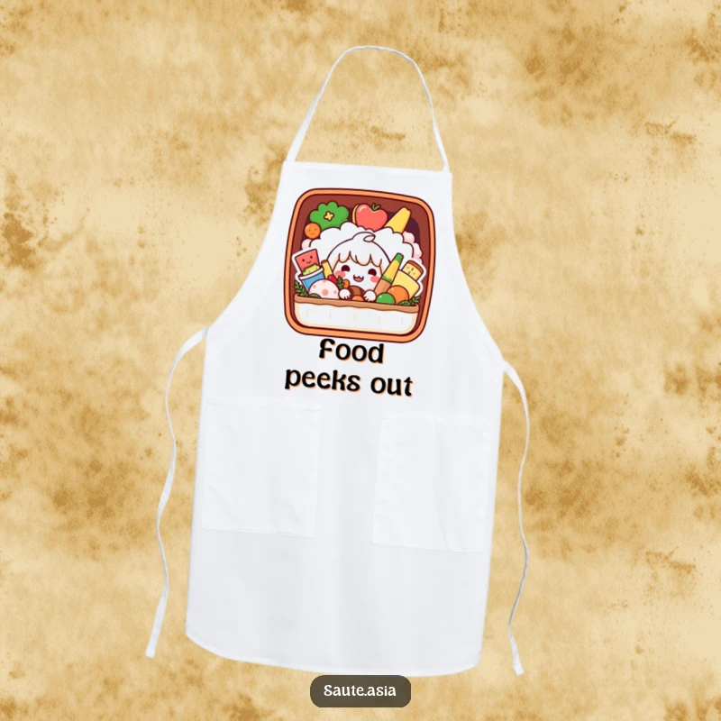 Funny Bento Box Apron: A playful character peeks from a bento box of smiling foods, making cooking fun and organized.