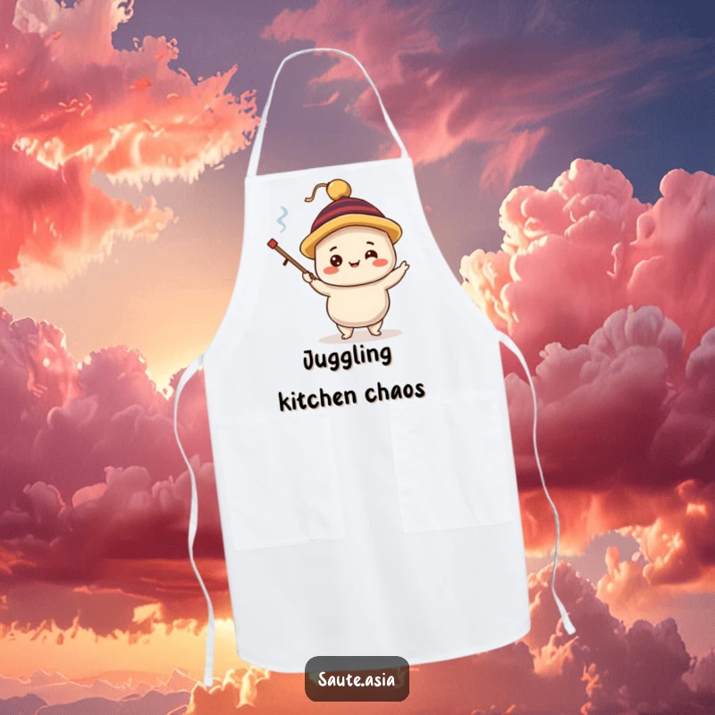 Funny dim sum dumpling apron, showing a delighted character in a silly hat, juggling tiny chopsticks, adding fun foodie style to cooking.