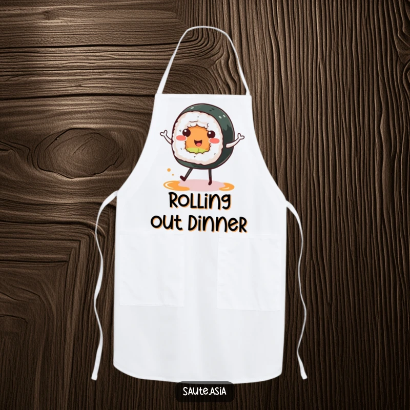 Funny sushi roll apron, showing a cheerful character doing a happy dance on soy sauce puddle legs, adding fun foodie style to cooking.