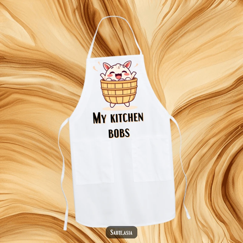 Funny Dim Sum Basket Apron: A cheerful character joyfully bobs, making cooking more fun and bringing excitement to the kitchen.