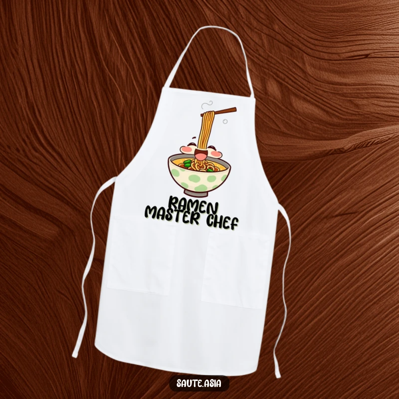 Funny Apron: A delighted ramen bowl character slurping noodles with gusto, perfect for adding a fun and humorous touch.