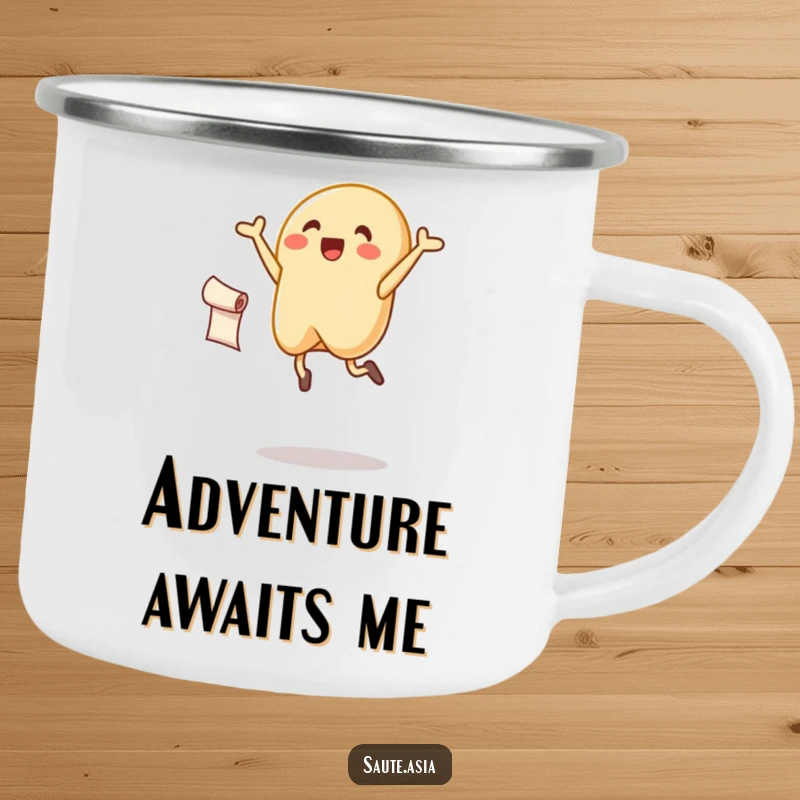Funny fortune cookie camping mug, joyfully leaping with a scroll, perfect for outdoor celebrations and luck.