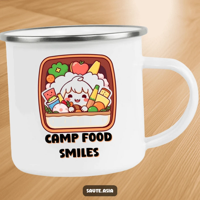 Funny Bento Box Camping Mug: A playful character peeks from a bento box of smiling foods, perfect for outdoor drinks with cheer.