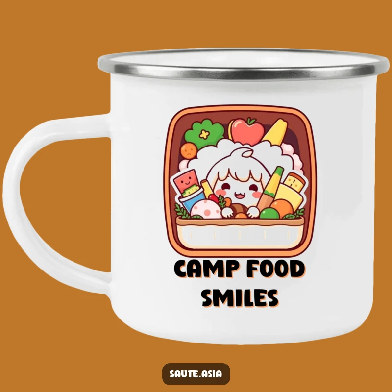 Funny Bento Box Camping Mug: Playful Foodie Character Enamel Cup