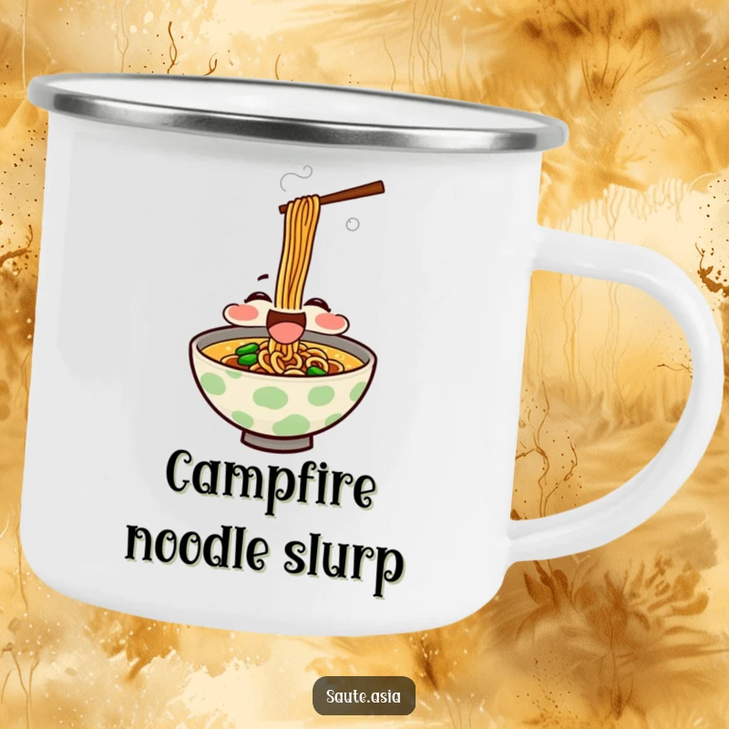 Funny Camping Mug: A delighted ramen bowl character slurps noodles joyfully, perfect for enjoying hot beverages outdoors.