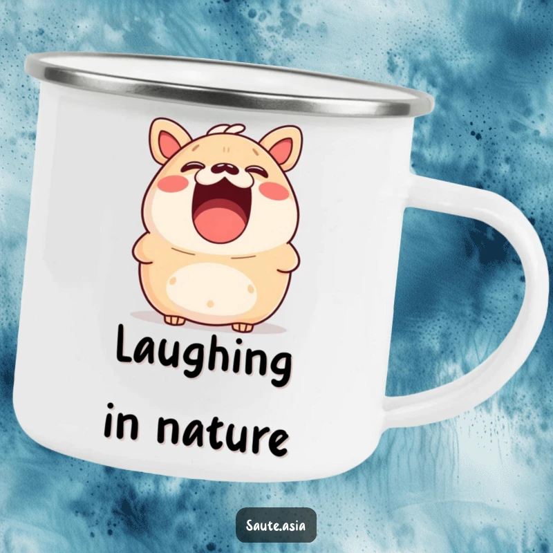 Funny bao bun camping mug, mouth wide open in surprised laughter, ideal for outdoor adventures and humor.