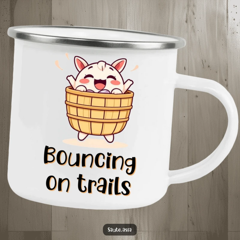 Funny Dim Sum Basket Camping Mug: A cheerful character joyfully bobs, perfect for enjoying drinks outdoors with a dose of happy energy.