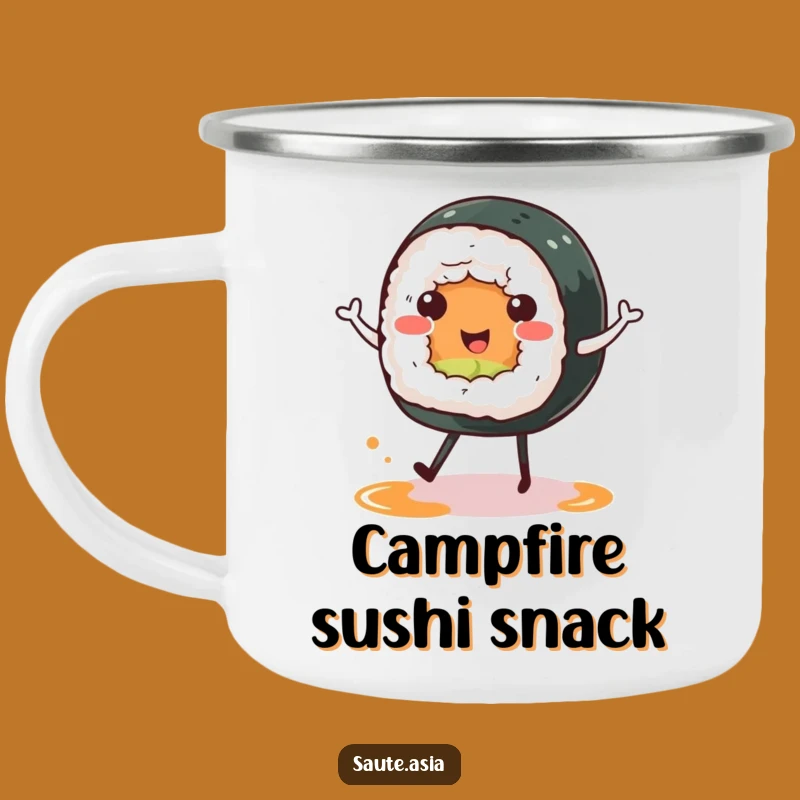 Funny Sushi Roll Camping Mug: Happy Dance, Foodie Adventure Brew Gift