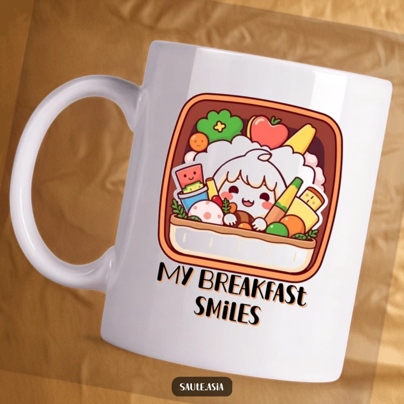 Funny Bento Box Mug: A playful character peeks from a box filled with smiling colorful foods, bringing cheer to your drink.
