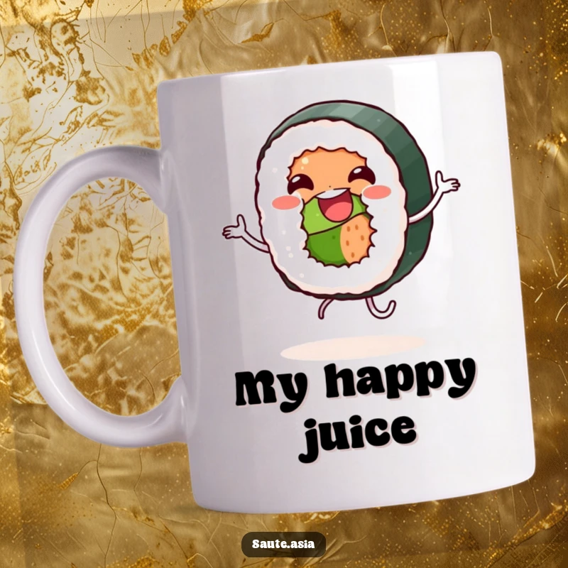 Funny Mug: A jovial sushi roll character with tiny rice legs joyfully dances with a wide, infectious smile.