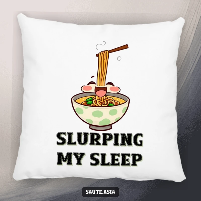 Funny Pillow: Features a delighted ramen bowl character slurping noodles happily, perfect for cozy comfort and a touch of humor.