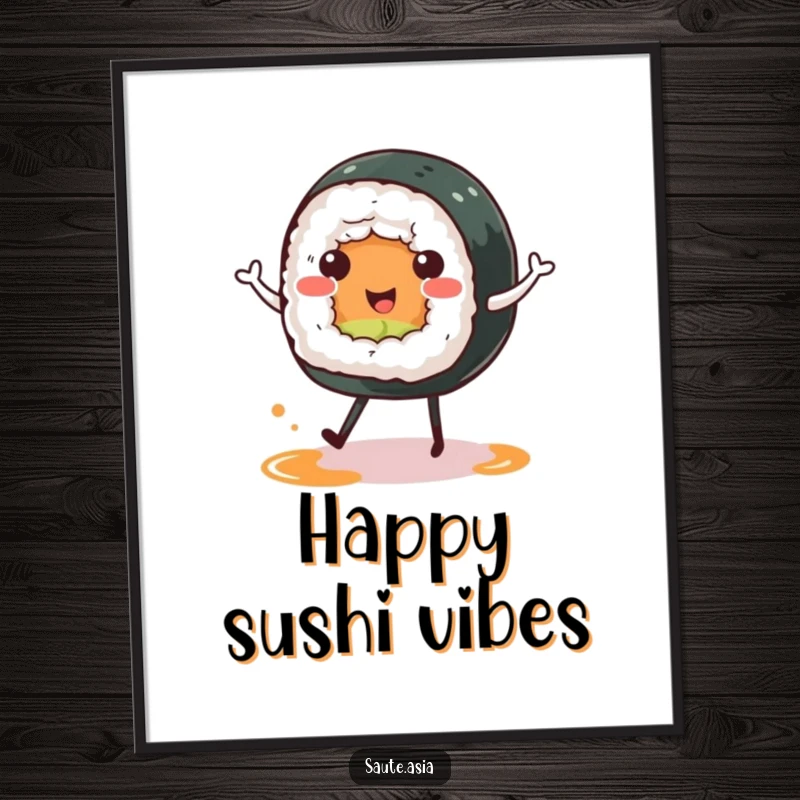 Funny sushi roll digital art print, showing a cheerful character happy dancing on soy sauce puddle legs, perfect for instant foodie decor.