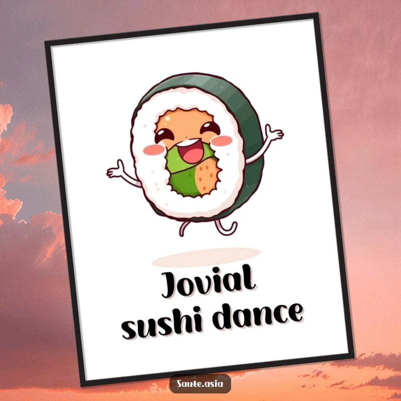 Funny Digital Art Print: Jovial sushi roll character dancing joyfully, perfect for printable wall art that adds playful energy.