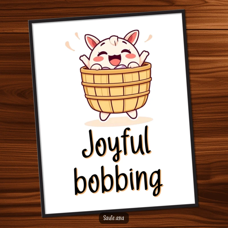 Funny Dim Sum Basket Digital Art Print: A cheerful character joyfully bobs, bringing instant excitement and happiness to your digital decor.