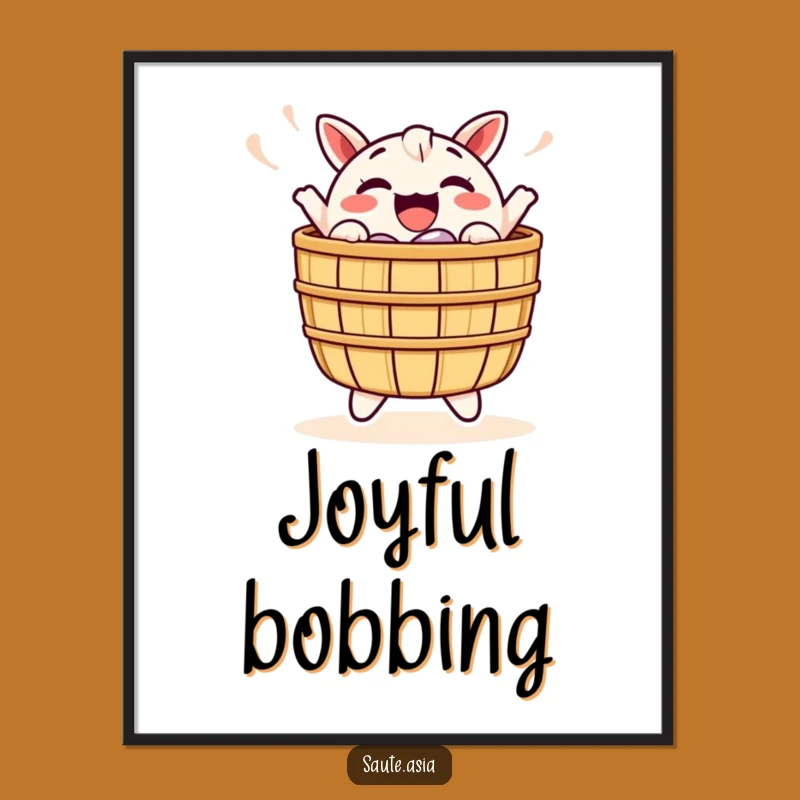 Funny Dim Sum Basket Digital Art Print: Cheerful Bobbing Character Decor