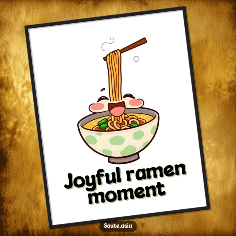 Funny Digital Art Print: Delighted ramen bowl character slurping noodles joyfully, perfect for printable wall art adding cheer.