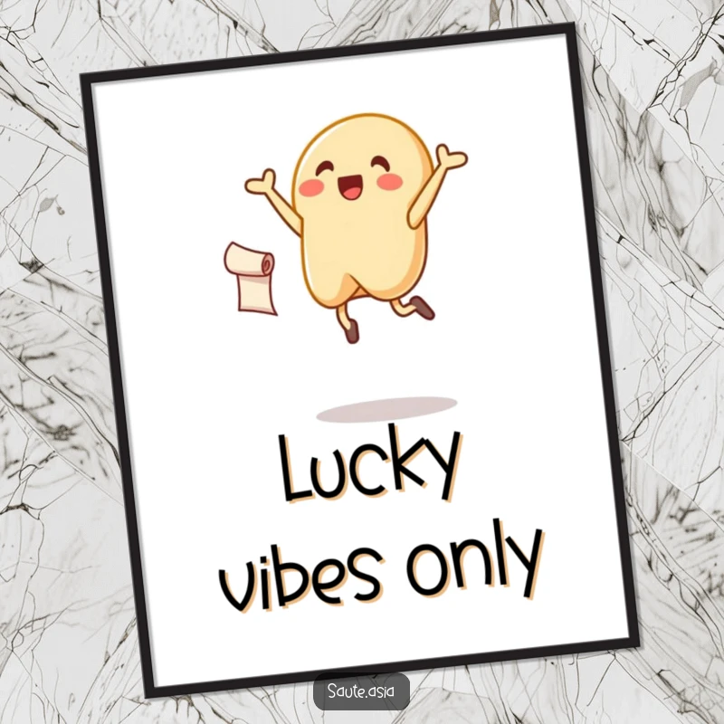 Funny fortune cookie digital art print, joyfully leaping with a scroll, ready to bring luck and cheer.