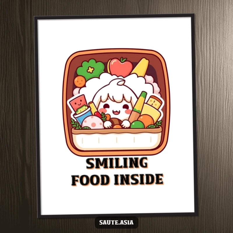 Funny Bento Box Digital Art Print: A playful character peeks from a bento box of smiling foods, bringing instant cheerful decor.