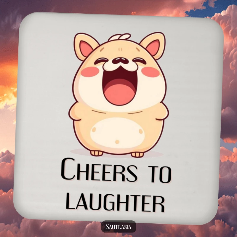 Funny bao bun drink coaster showing a character laughing with surprise, a humorous way to protect surfaces.