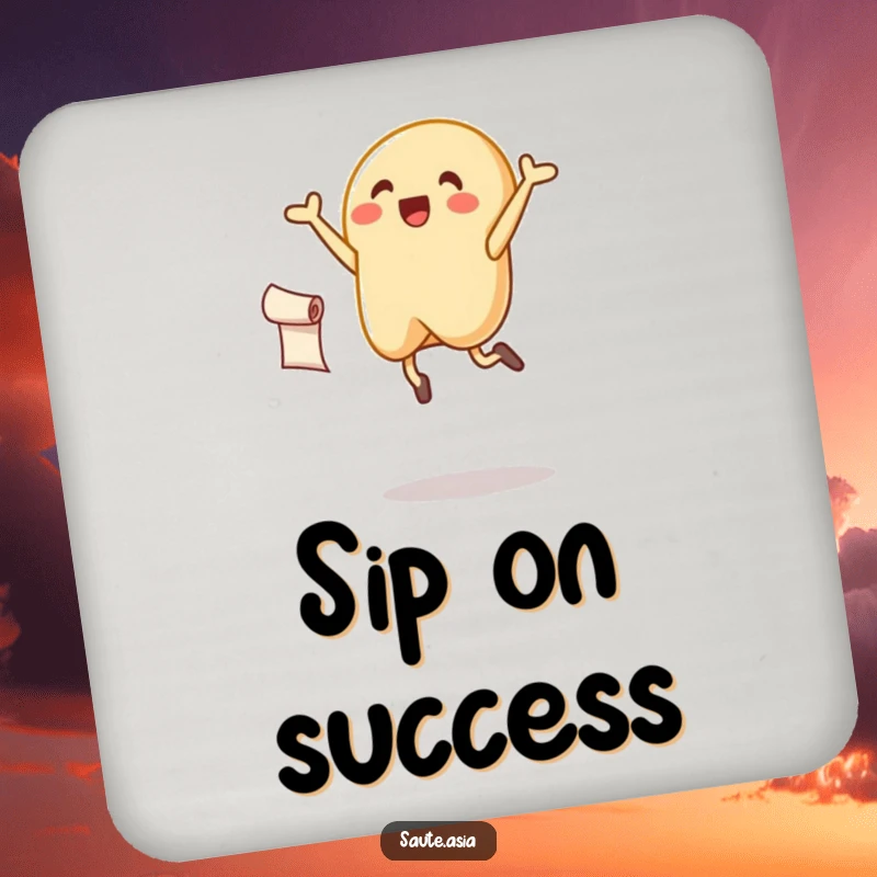 Funny fortune cookie drink coaster, depicted leaping with a scroll, a lucky and humorous surface protector.