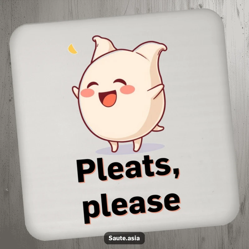 Funny Gyoza Coaster: A laughing dumpling character hilariously flips with wiggling pleats, protecting surfaces with comedic charm.