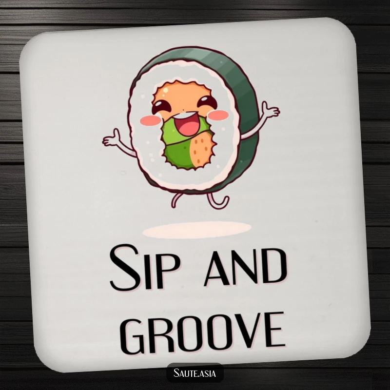 Funny Coasters: Jovial sushi roll characters dance happily, adding a fun and humorous touch to drink surfaces.