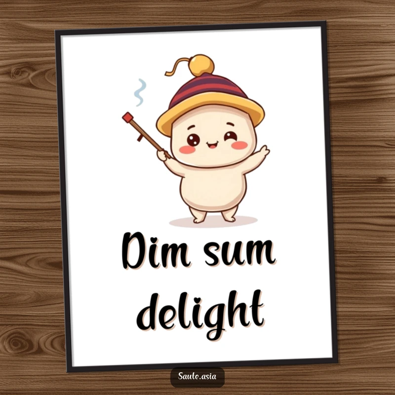 Funny dim sum dumpling poster, depicting a delighted character in a silly hat, juggling tiny chopsticks, ideal for whimsical foodie wall art.