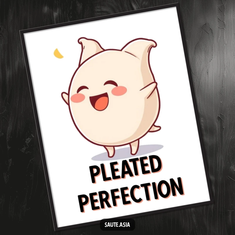 Funny Gyoza Poster: A laughing dumpling character executes a hilarious flip with comically wiggling pleats, bringing vibrant humor to decor.