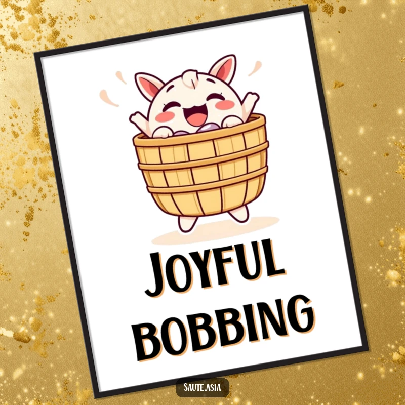 Funny Dim Sum Basket Poster: A cheerful character joyfully bobs, bringing vibrant excitement and happiness to your wall decor.