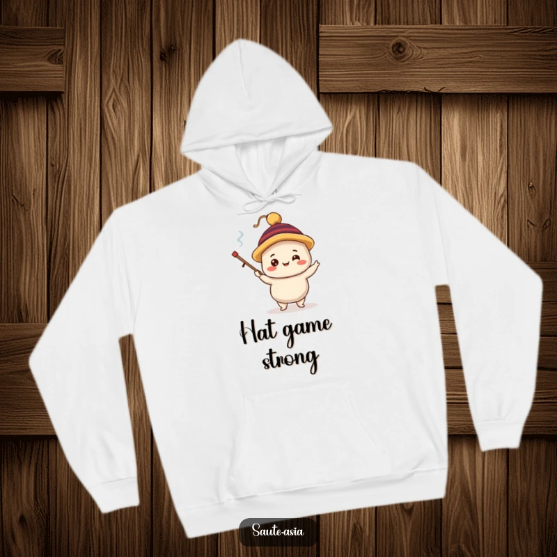 Funny dim sum dumpling hoodie, featuring a delighted character in a silly hat, juggling tiny chopsticks, providing cozy and whimsical comfort.