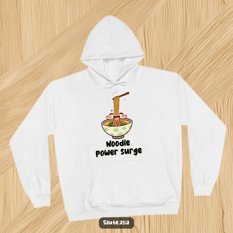 Funny Hoodie: Features a delighted ramen bowl character slurping noodles, perfect for cozy comfort and ramen lovers.
