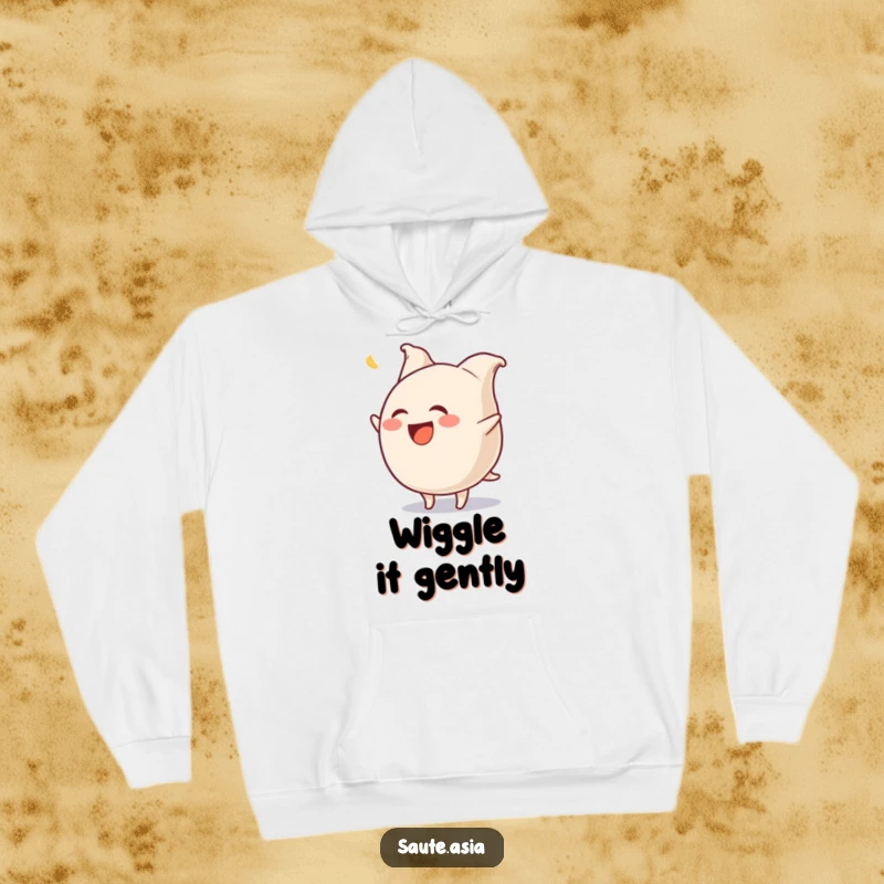 Funny Gyoza Hoodie: A laughing dumpling character hilariously flips with wiggling pleats, offering cozy comfort and humor.