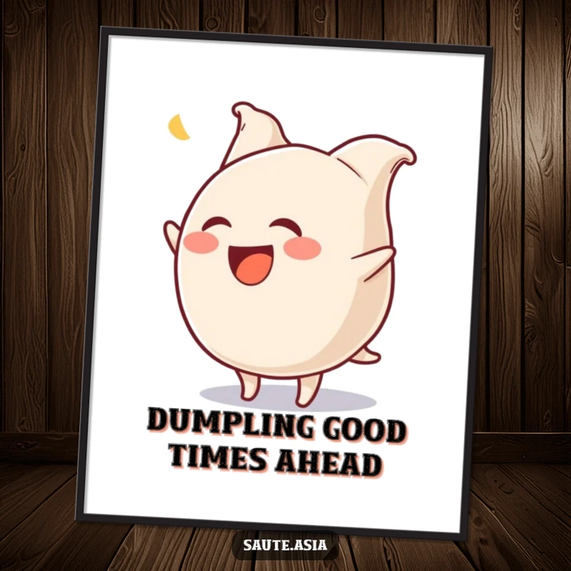 Funny Free Printable Gyoza Wall Art: A laughing dumpling performing a comical flip with wiggling pleats.