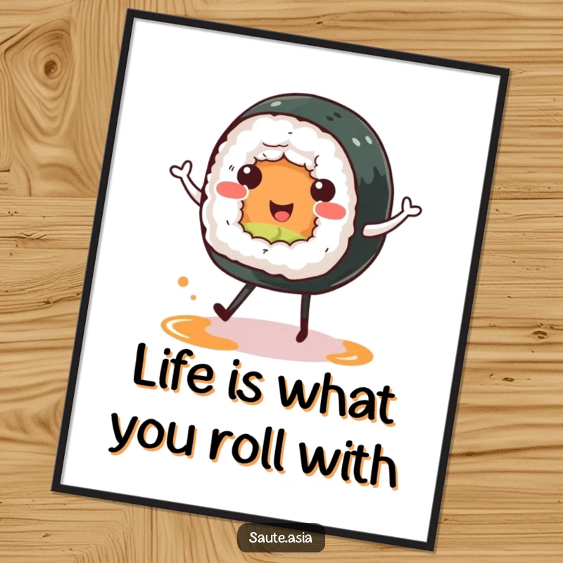 Funny Free Printable Wall Art of a cheerful sushi roll character with tiny soy sauce puddle legs, enthusiastically dancing in a celebratory pose.