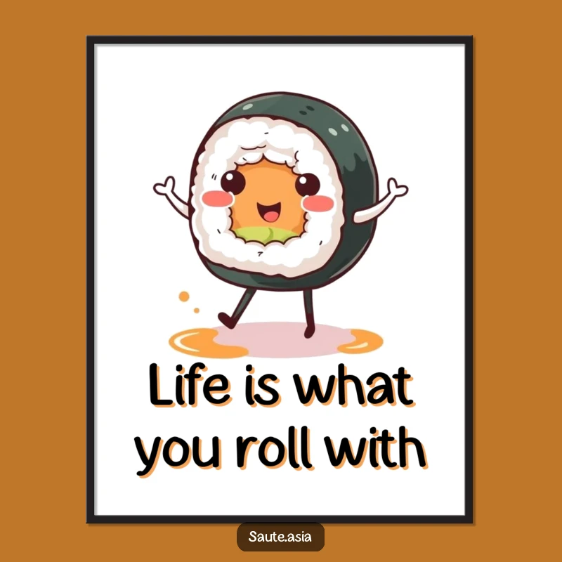 Free Printable Sushi Roll Art: Cheerful Dancing Character for Fun Kitchen Decor