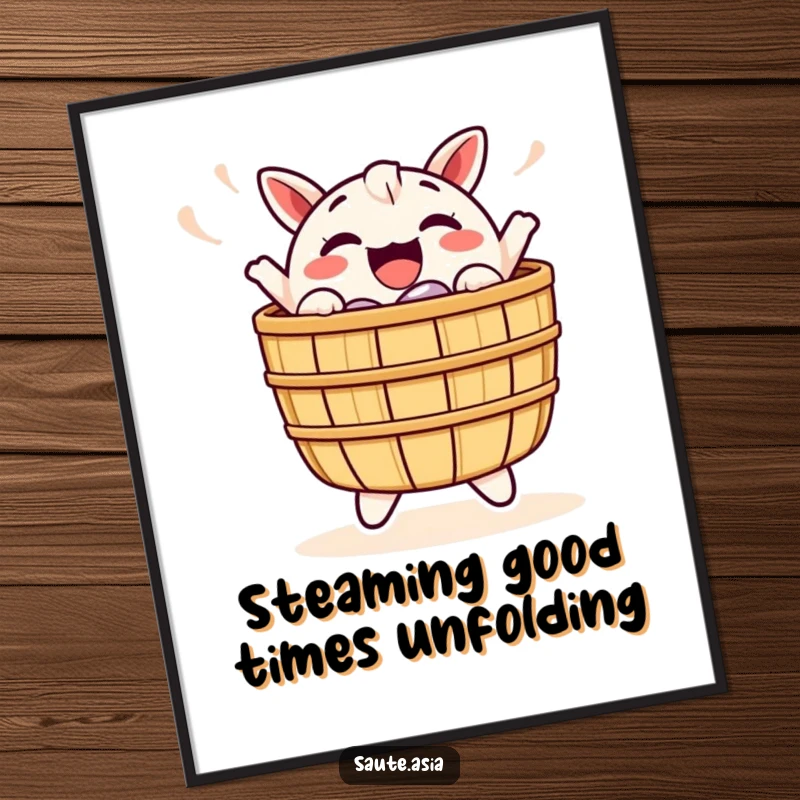 Funny Free Printable Dim Sum Wall Art: A cheerful basket character bobbing up and down with pure excitement.