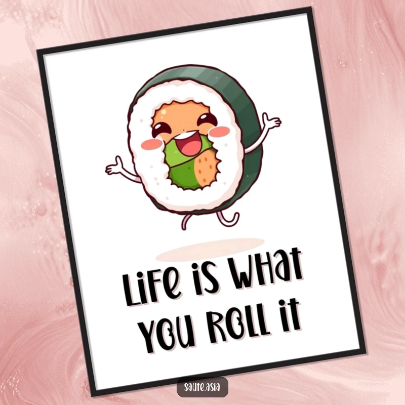 Funny Free Printable Wall Art of a jovial sushi roll character dancing with glee, adding a playful touch to any room.