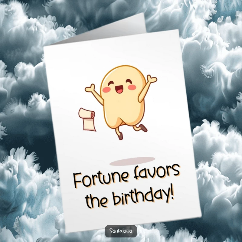 Funny Free Printable Birthday Card: A deliriously happy fortune cookie character jumping for joy, holding a celebratory scroll.