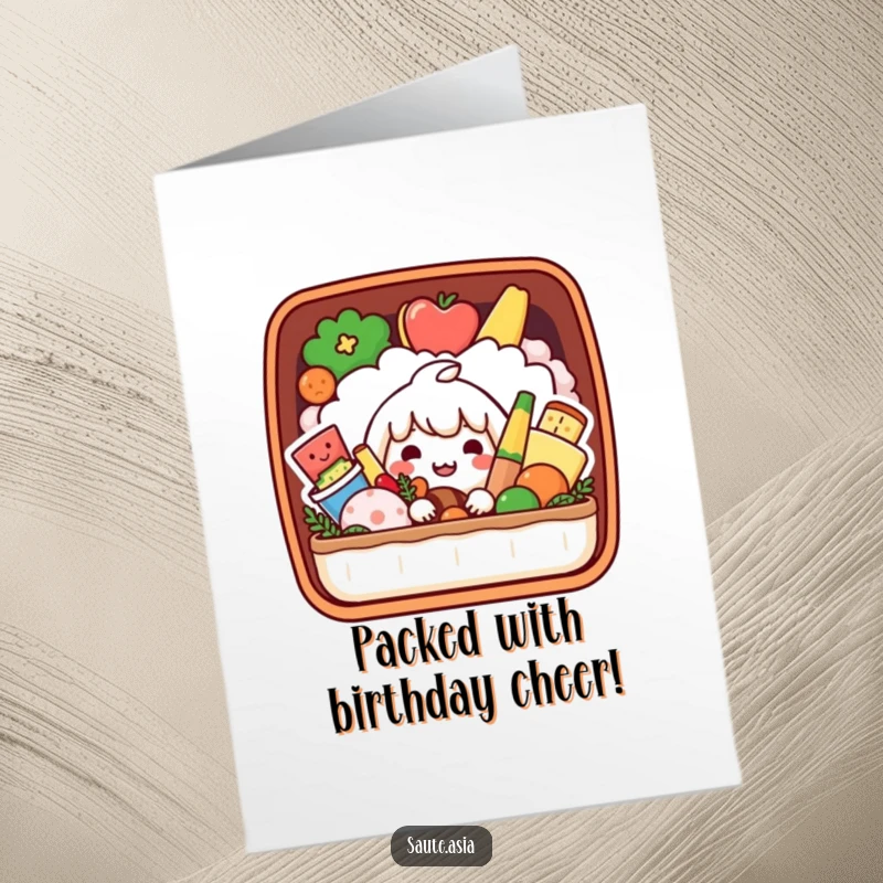 Funny Free Printable Bento Box Birthday Card: A playful box peeking with smiling food for a birthday.