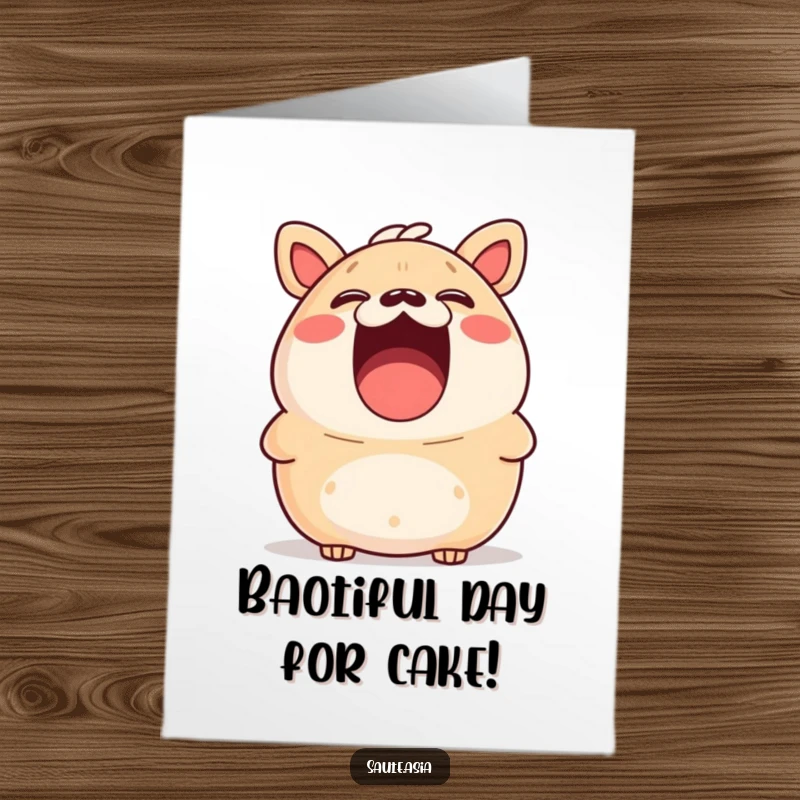 Funny Free Printable Birthday Card: A shocked bao bun with its mouth wide open, caught mid-laugh, ready to party.