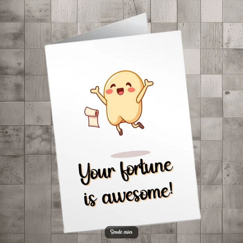 Funny Free Printable Congrats Card: A cheerful fortune cookie character soaring through the air with a tiny scroll of good news.