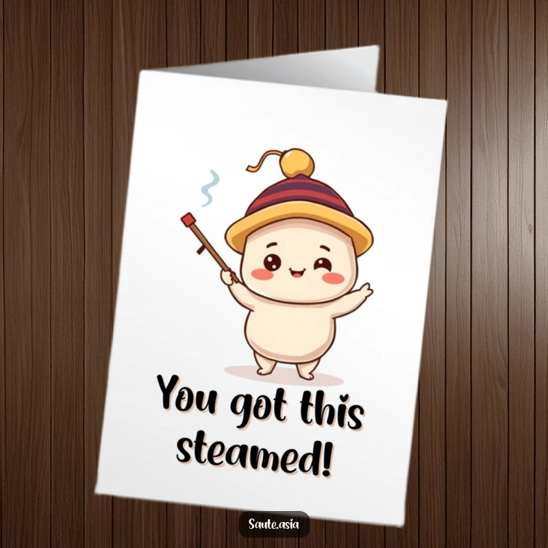 Funny Free Printable Congratulations Card showing a delighted dim sum dumpling character wearing a silly hat, triumphantly juggling chopsticks.