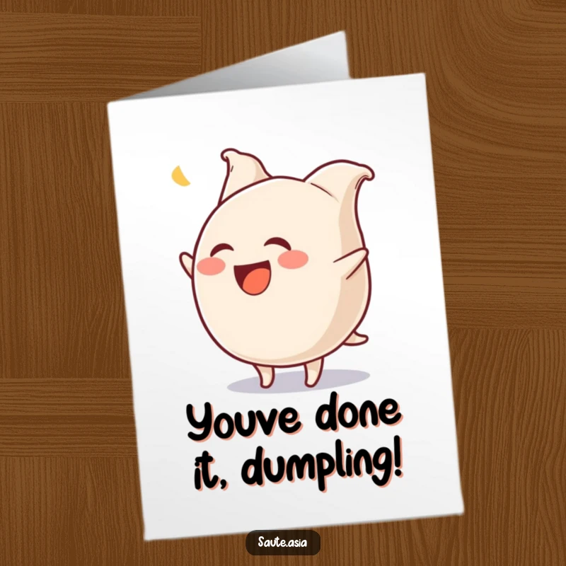 Funny Free Printable Gyoza Congratulations Card: A laughing dumpling celebrating with a fun flip.