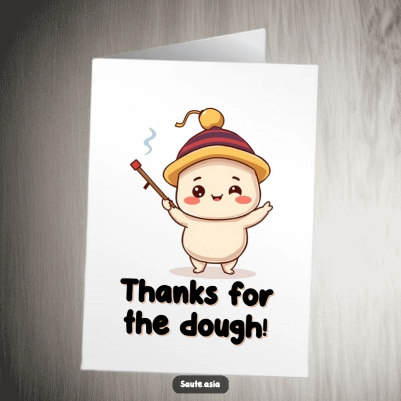 Funny Free Printable Thank You Card featuring a delighted dim sum dumpling character wearing a silly hat, juggling chopsticks with joy.