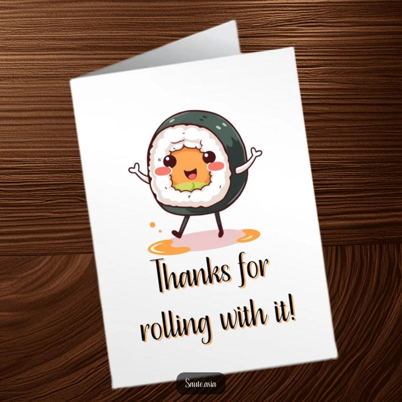 Funny Free Printable Thank You Card featuring a cheerful sushi roll character with tiny soy sauce puddle legs, grooving with gratitude.