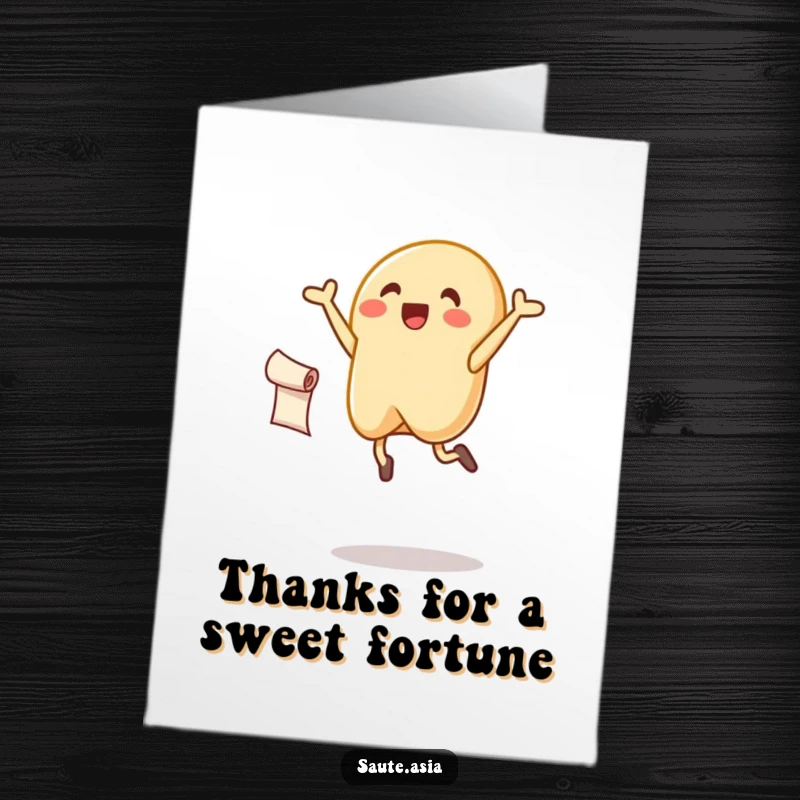 Funny Free Printable Thank You Card: A jubilant fortune cookie character mid-leap, holding a scroll to express sincere thanks.
