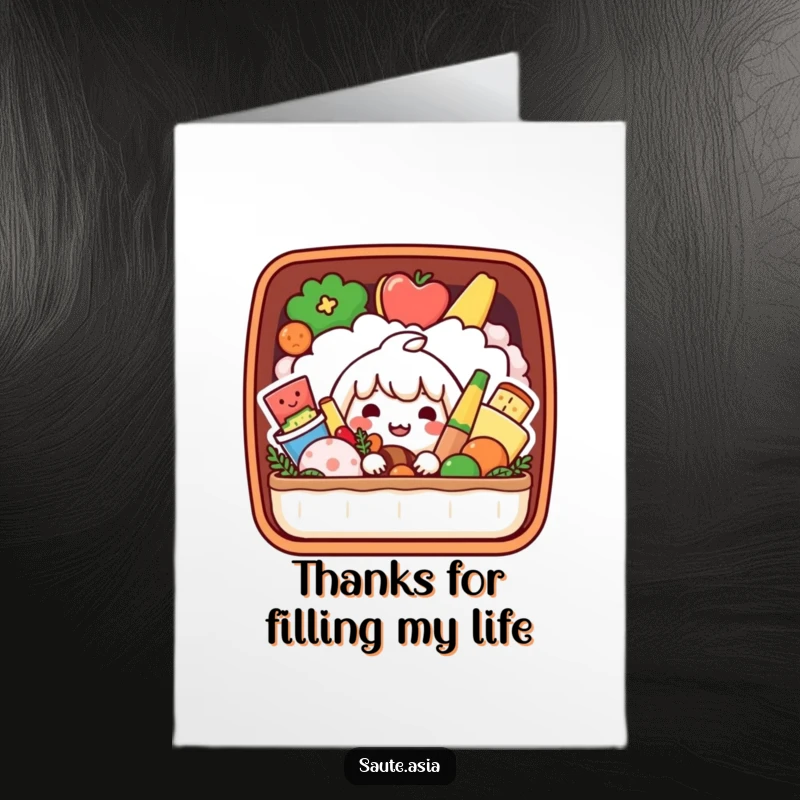 Funny Free Printable Bento Box Thank You Card: A playful box peeking with happy food saying thank you.