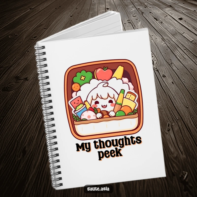 Funny Bento Box Notebook: A playful character peeks from a bento box of smiling foods, ideal for organized note-taking.