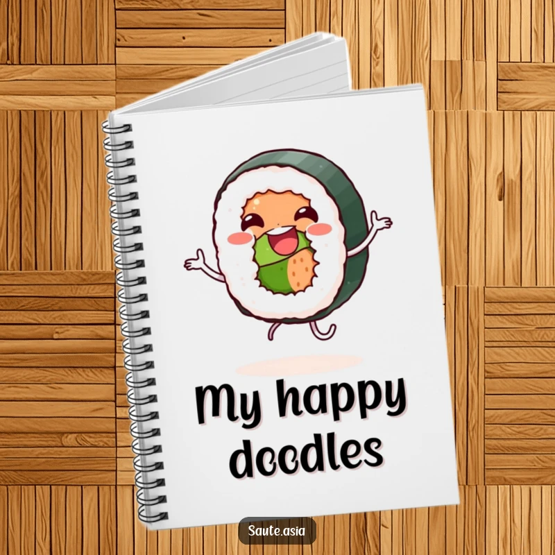 Funny Notebook: Features a jovial sushi roll character dancing, perfect for jotting down fun ideas and tasty recipes.