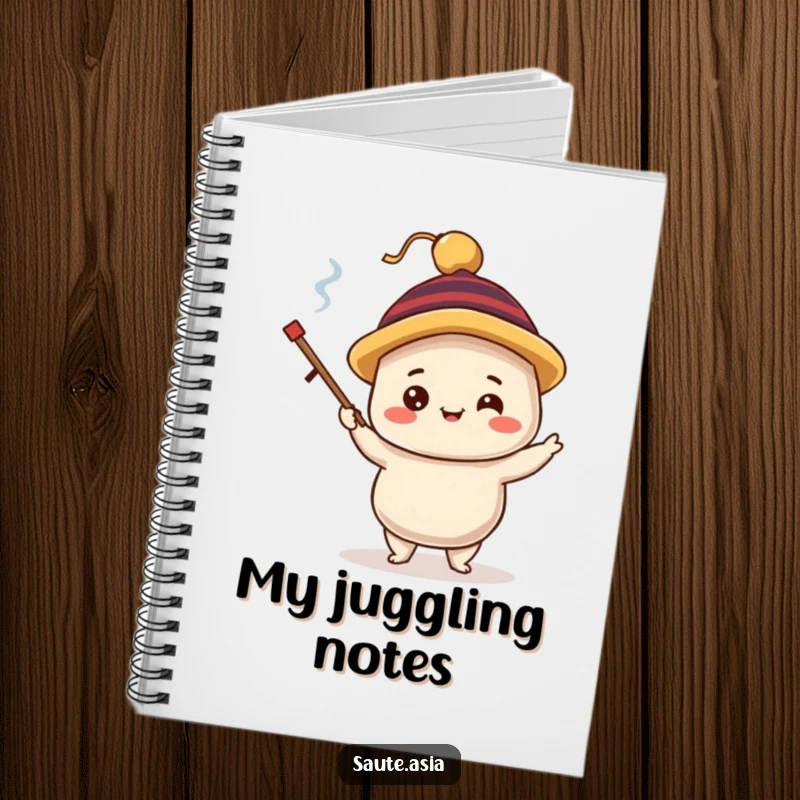 Funny dim sum dumpling notebook, featuring a delighted character in a silly hat, juggling tiny chopsticks, ideal for jotting down foodie ideas.